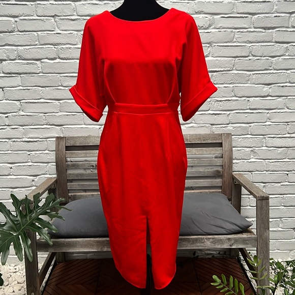 🟠 ASOS Petite Chic Red-Orange Crepe Midi Dress, size 8 - Picture 4 of 11